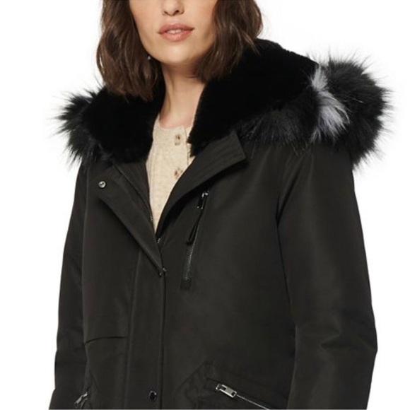 Andrew Marc of New York Black Carina Faux-Fur-Trim Hooded Rain Parka Coat XS - Picture 4 of 16